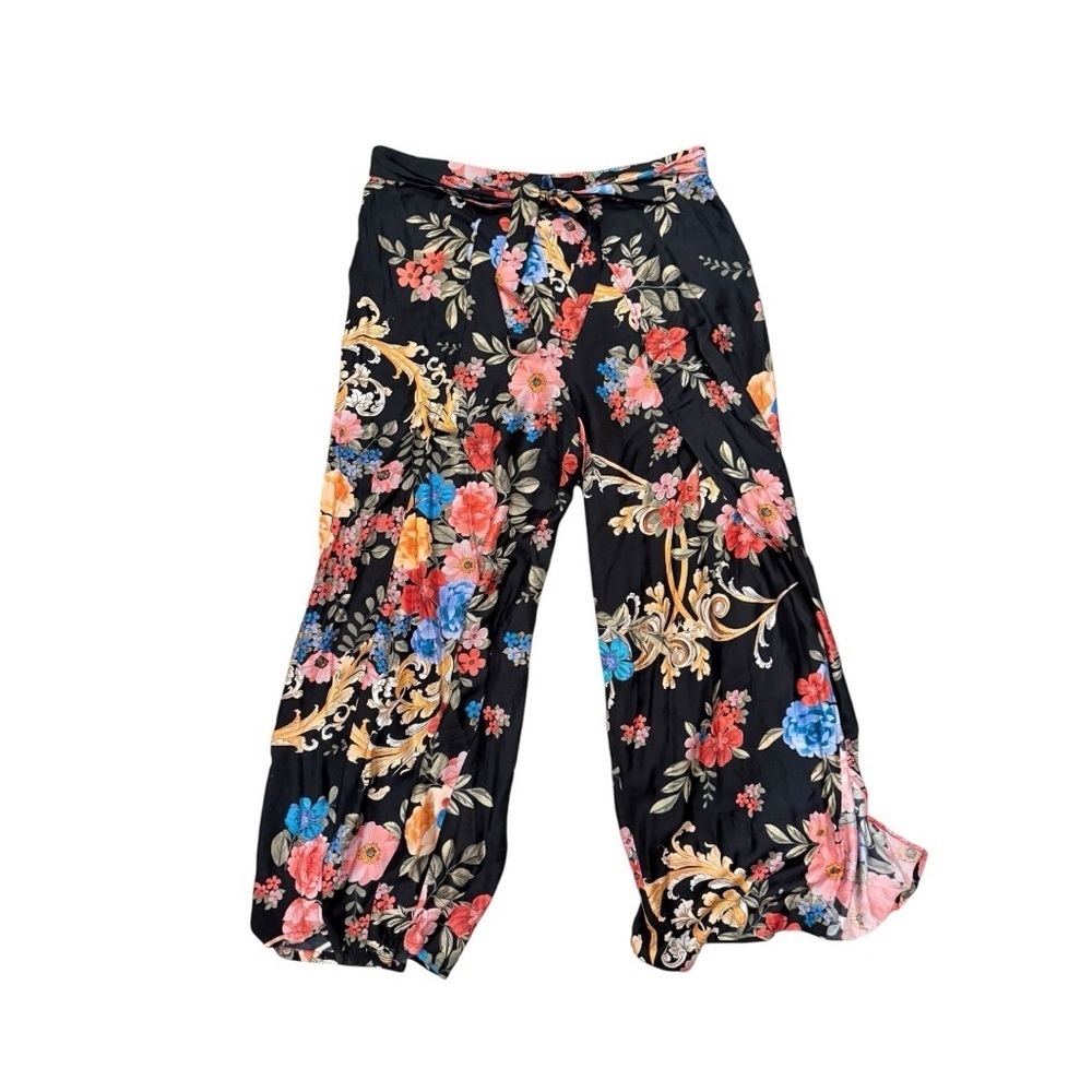 Johnny Was Silk Blend Floral Wide Leg Pants Boho Black Multicolor Size 2X